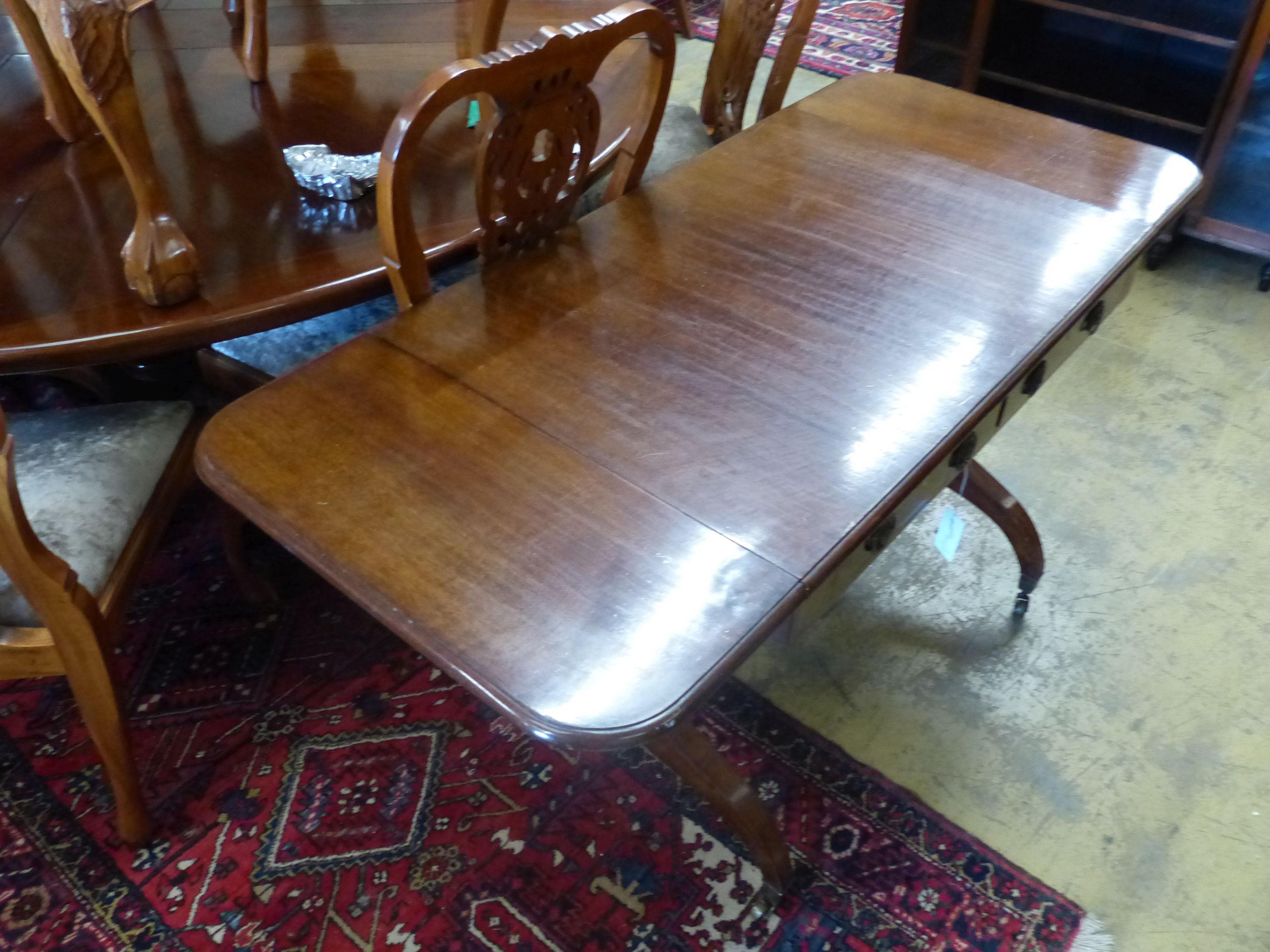 A 19th century mahogany sofa table, 150cm extended, depth 66cm, height 73cm